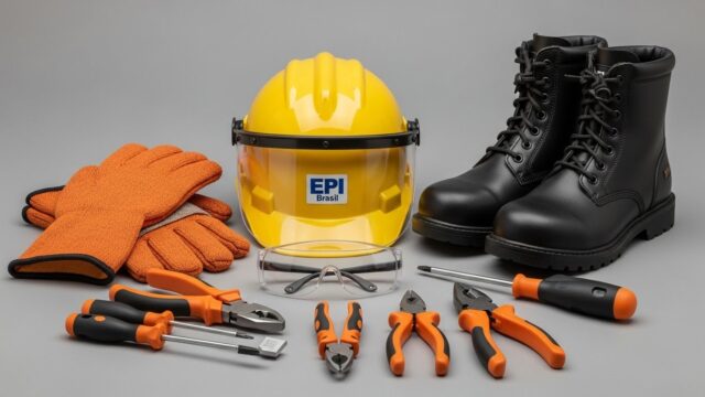 Imagem de uma bancada com epis para eletricistas, como capacete, luva, bota e ferramentas