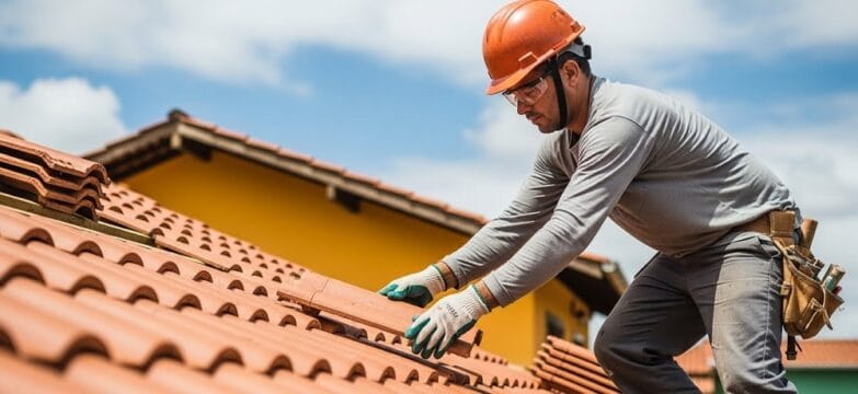 Profissional instalando telha cerâmica