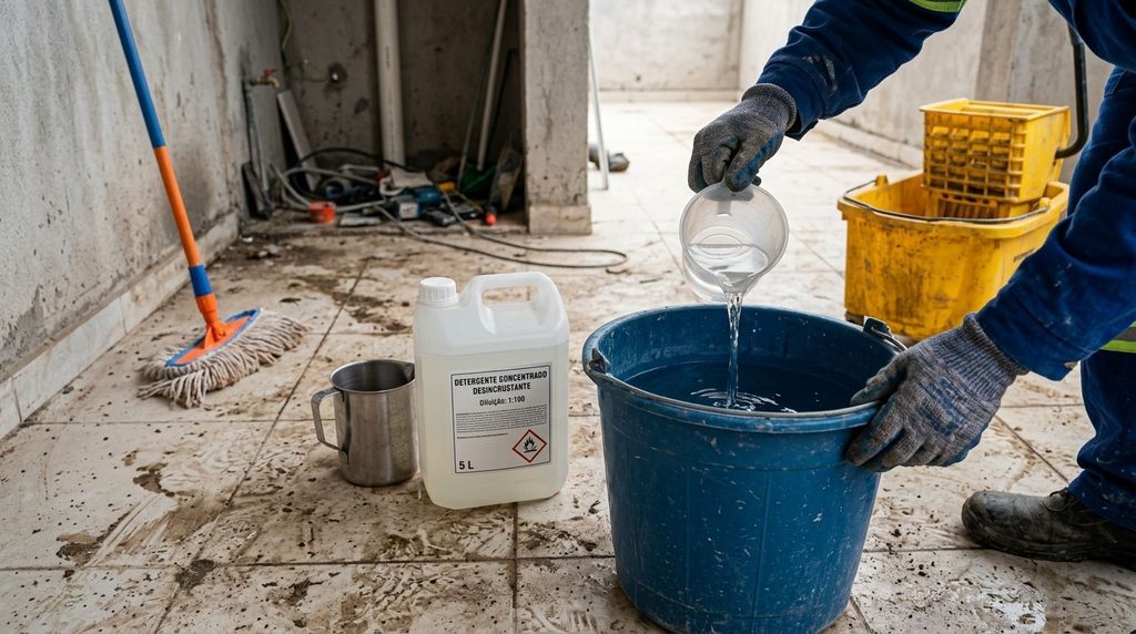 Pessoa misturando produtos de limpeza pesada para limpeza em porcelanato
