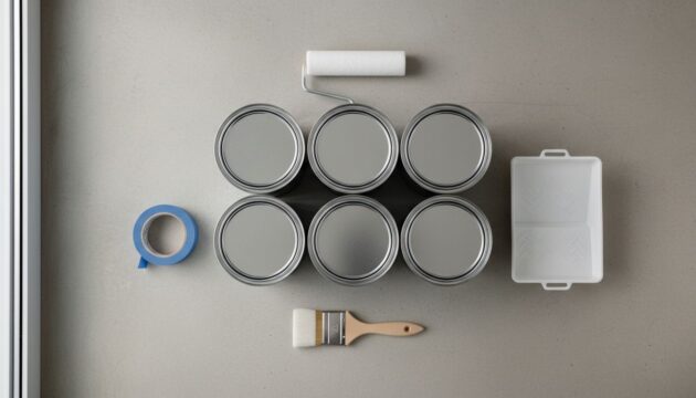 Imagem de baldes de tinta com bandeja, pincéis e rolo