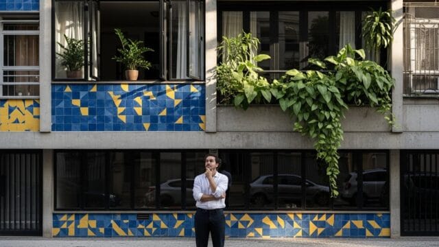 Pessoa na frente de um condomínio gesticulando com dúvida