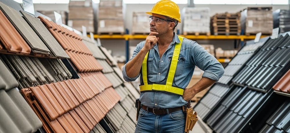 Profissional da construção em loja demonstrando dúvida sobre qual a melhor marca de telha