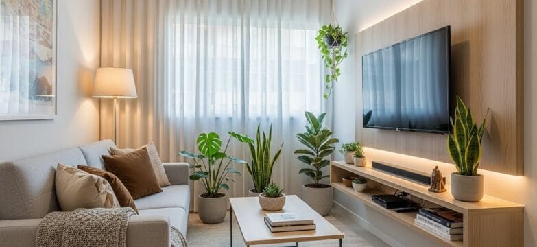 Sala da estar compacta decorada