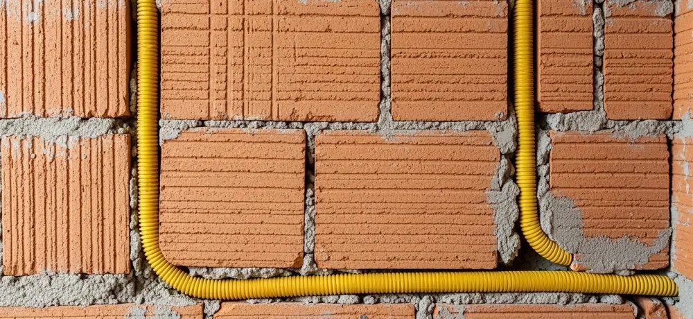 Eletroduto corrugado amarelo instalado em parede de alvenaria