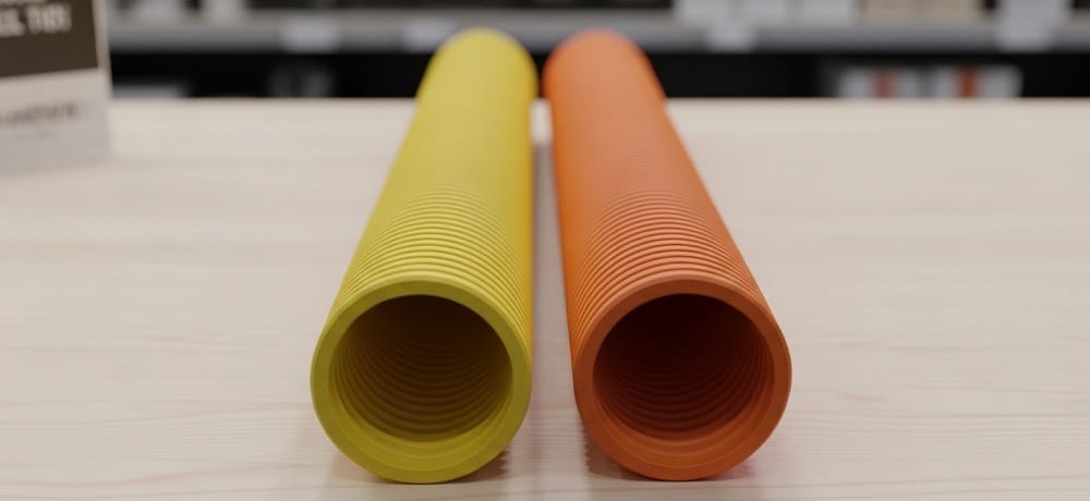 Eletroduto corrugado amarelo e laranja lado a lado em uma bancada