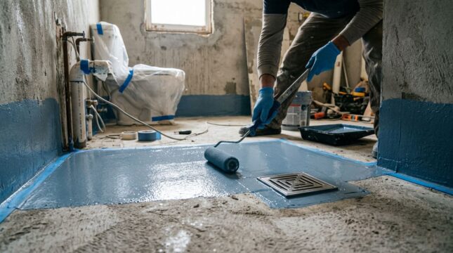 Profissional aplicando impermeabilizante no piso em uma obra