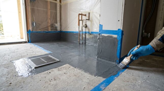 Profissional aplicando selante no piso do banheiro de uma obra