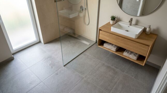 Porcelanato acetinado aplicado em banheiro residencial