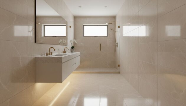 Porcelanato aplicado em banheiro residencial moderno