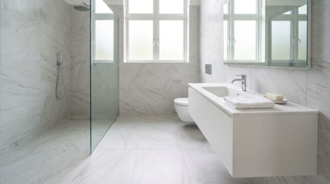 Porcelanato claro instalado em banheiro moderno e elegante