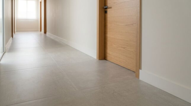 Porcelanato bege instalado em corredor residencial