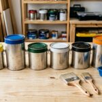 Diferentes tipos de tinta dispostas em uma bancada de trabalho