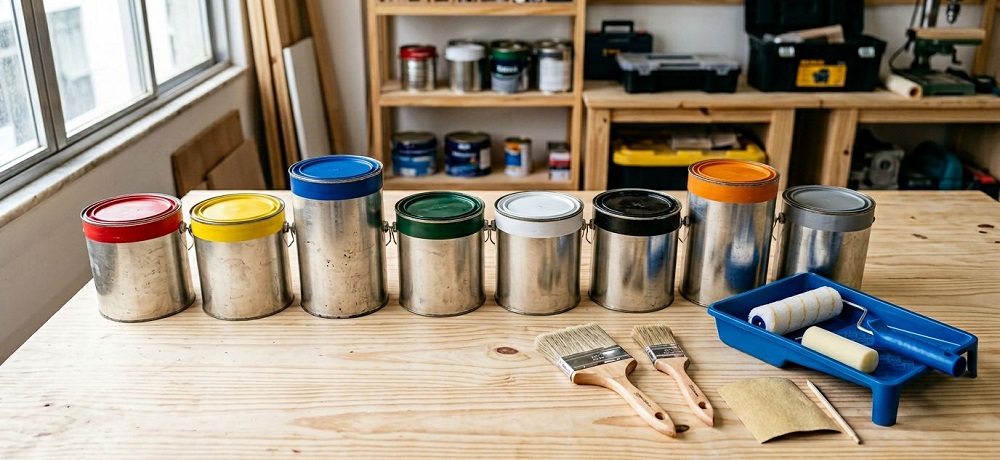 Diferentes tipos de tinta dispostas em uma bancada de trabalho