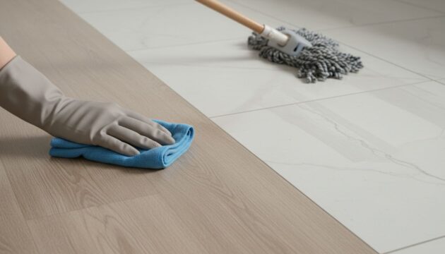 Limpeza de pisco vinílico e porcelanato com pano e mop