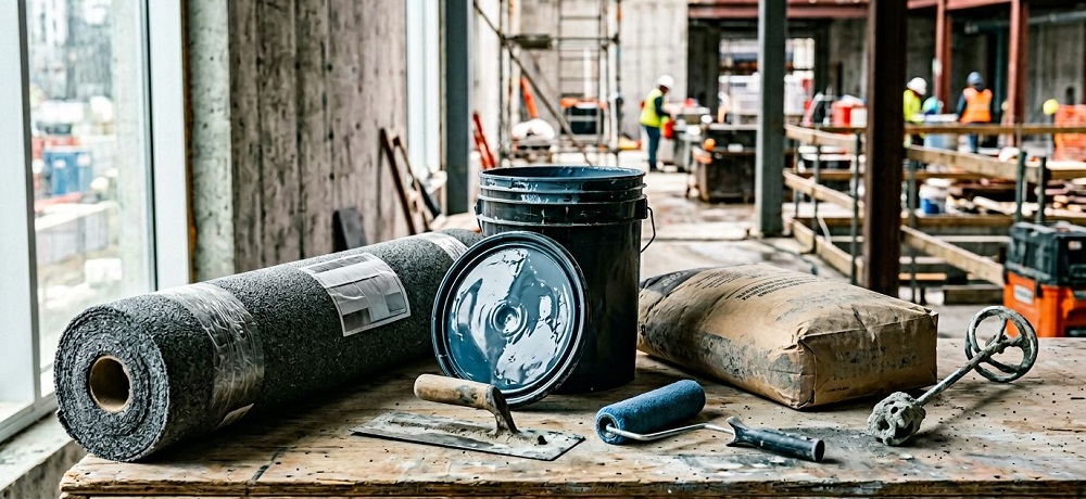 Materiais de impermeabilização em bancada numa obra de grande porte