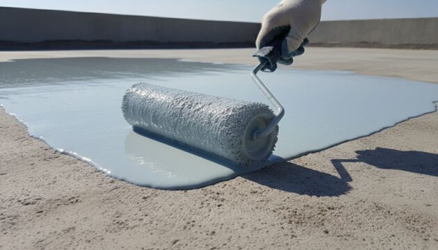 Profissional aplicando impermeabilizante com rolo em telhado