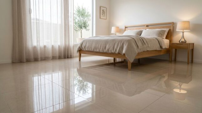 Porcelanato polido aplicado em quarto residencial com cama de casal