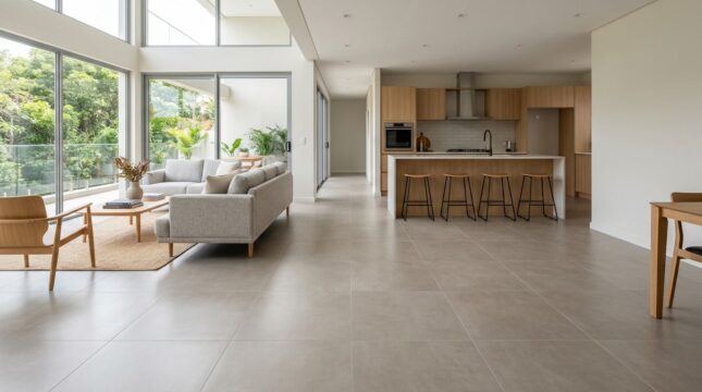 Porcelanato acetinado aplicado em sala integrada com cozinha