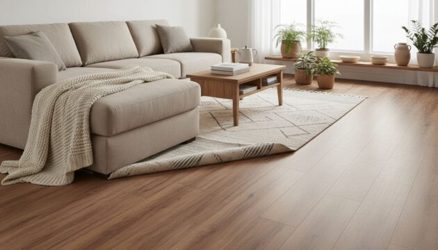 Sala com piso vinílico e sofá na cor gelo com plantas ao lado