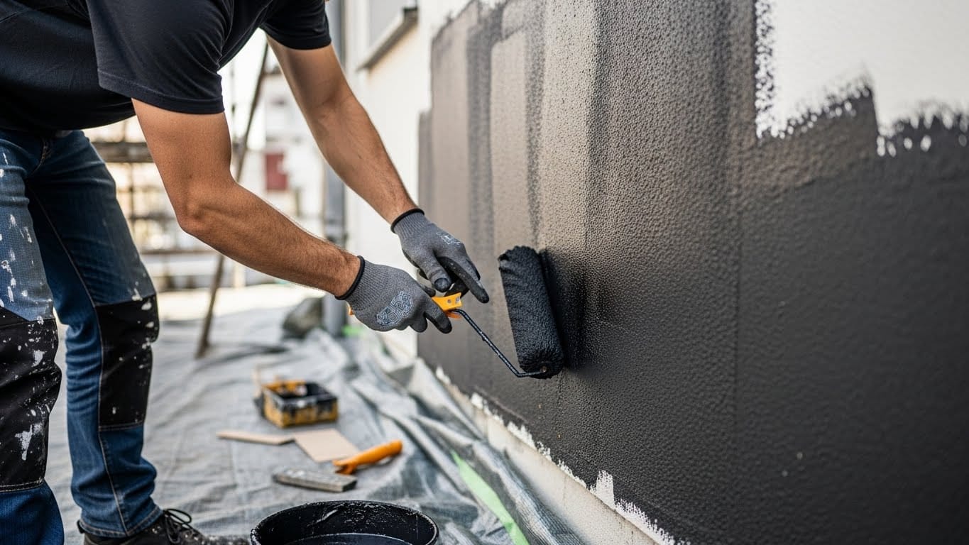 Profissional aplicando tinta emborrachada na cor preta em parede