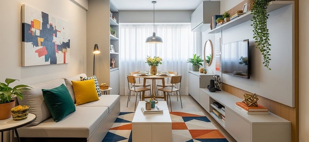 Imagem de um apartamento pequeno decorado com móveis funcionais e práticas