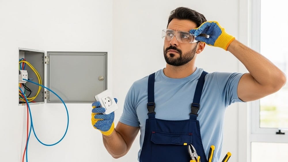 Eletricista demonstrando dúvida sobre qual tomada escolher