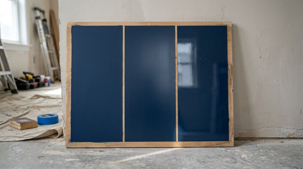 Amostra de tinta azul em painel de madeira