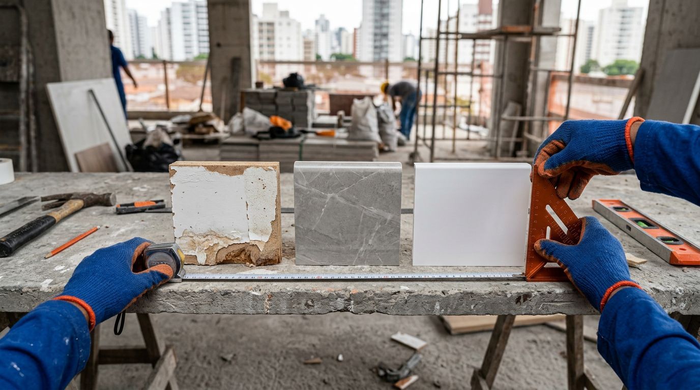 Três amostras de revestimento lado a lado sobre bancada em obra, com trena e esquadro