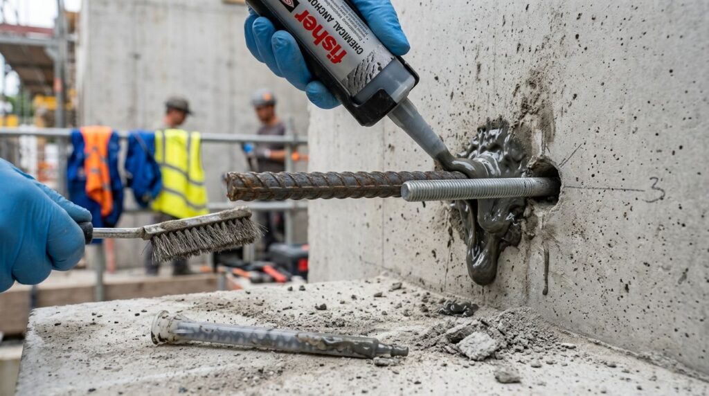 Aplicação de adesivo em estrutura de concreto