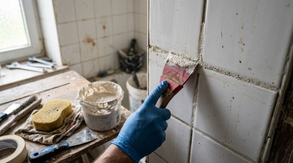 Aplicando massa em azulejos para reformar banheiro