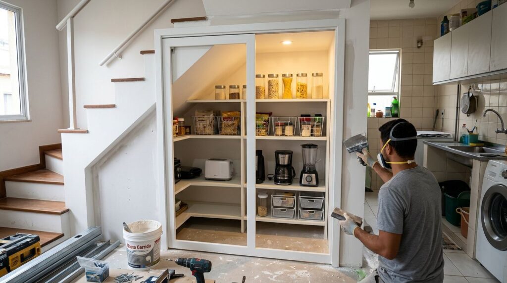 Homem pintando armário em espaço de armazenamento moderno
