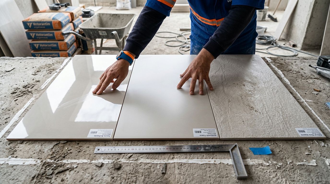 Profissional avaliando placas de cerâmica em obra