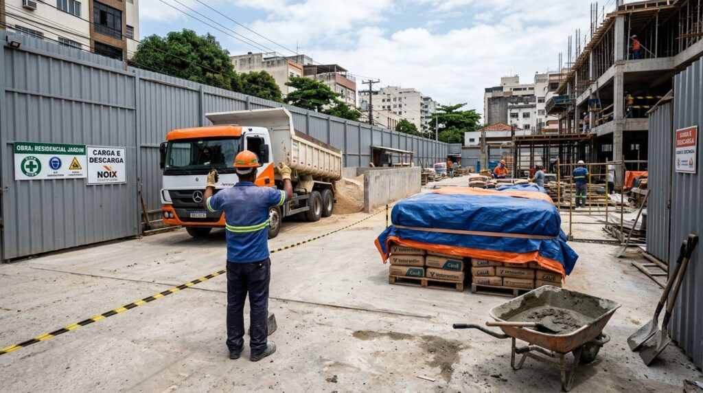Canteiro de obras com caminhão e trabalhadores
