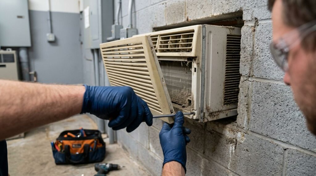 Técnico consertando ar-condicionado em parede de alvenaria.