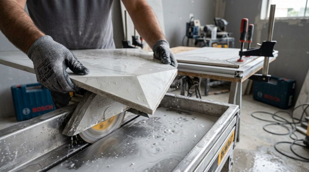 Artisan cortando azulejos com serra em ambiente de trabalho.