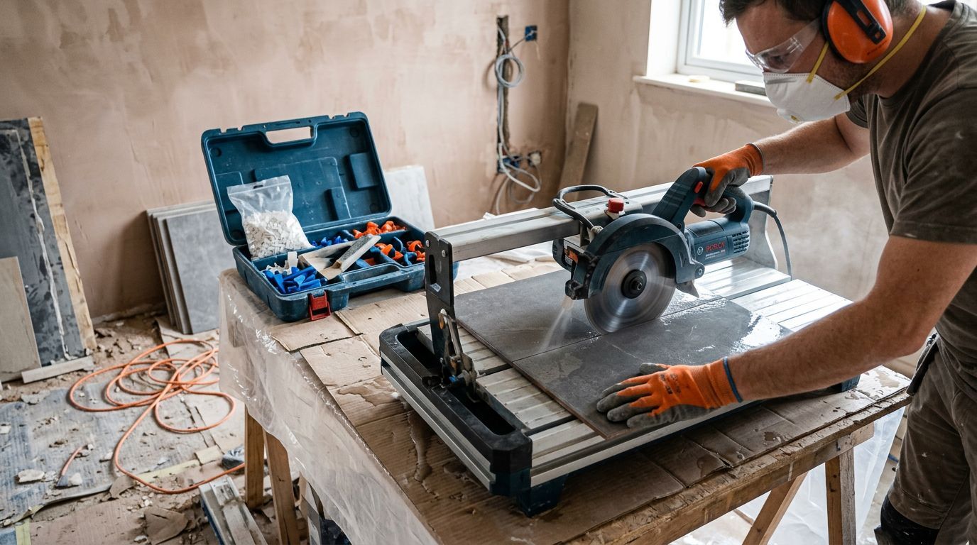 Homem cortando azulejos com serra na obra