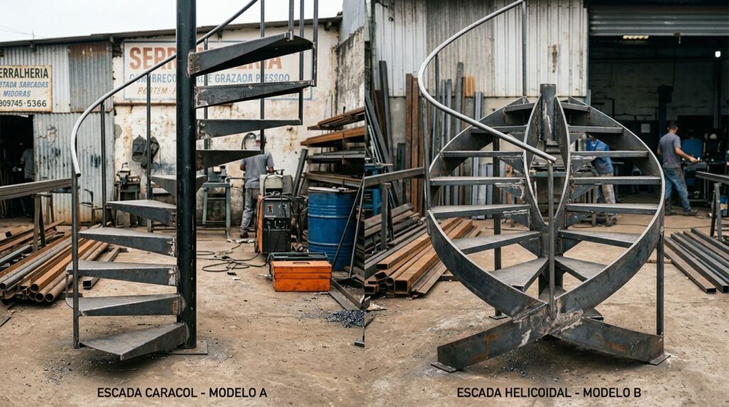 Escadas caracol e helicoidais em ambiente de trabalho.