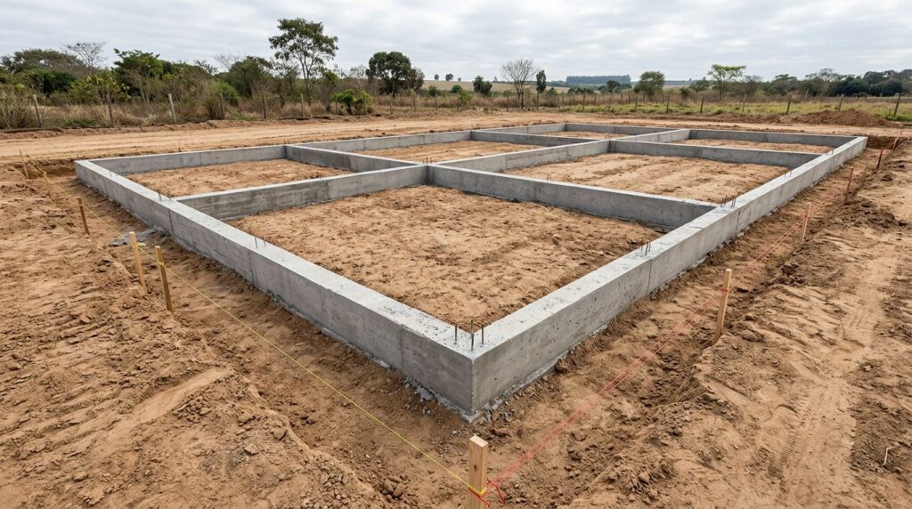 Fundação de concreto pronta para construção