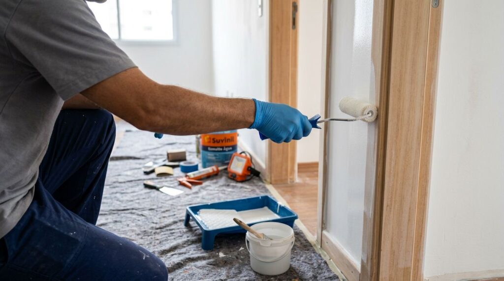 Homem pintando parede com rolo de pintura