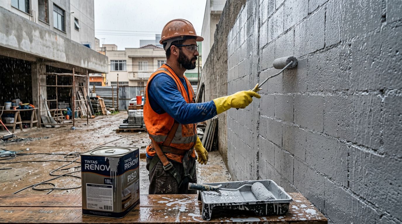 Homem pintando parede de bloco com rolo de tinta