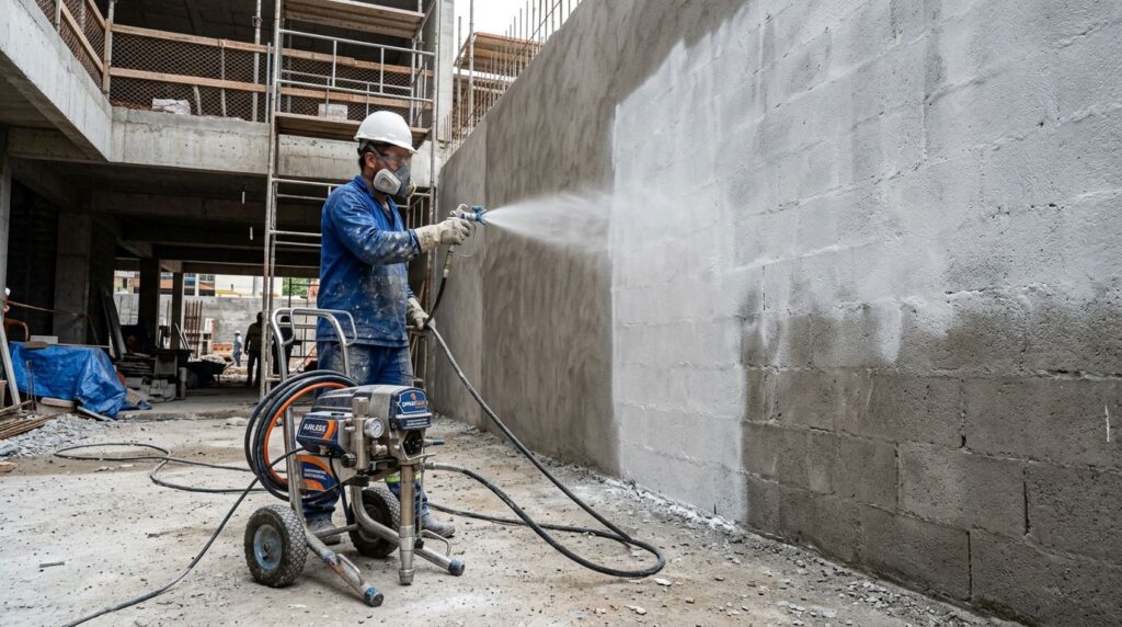 Homem pintando parede em construção com spray