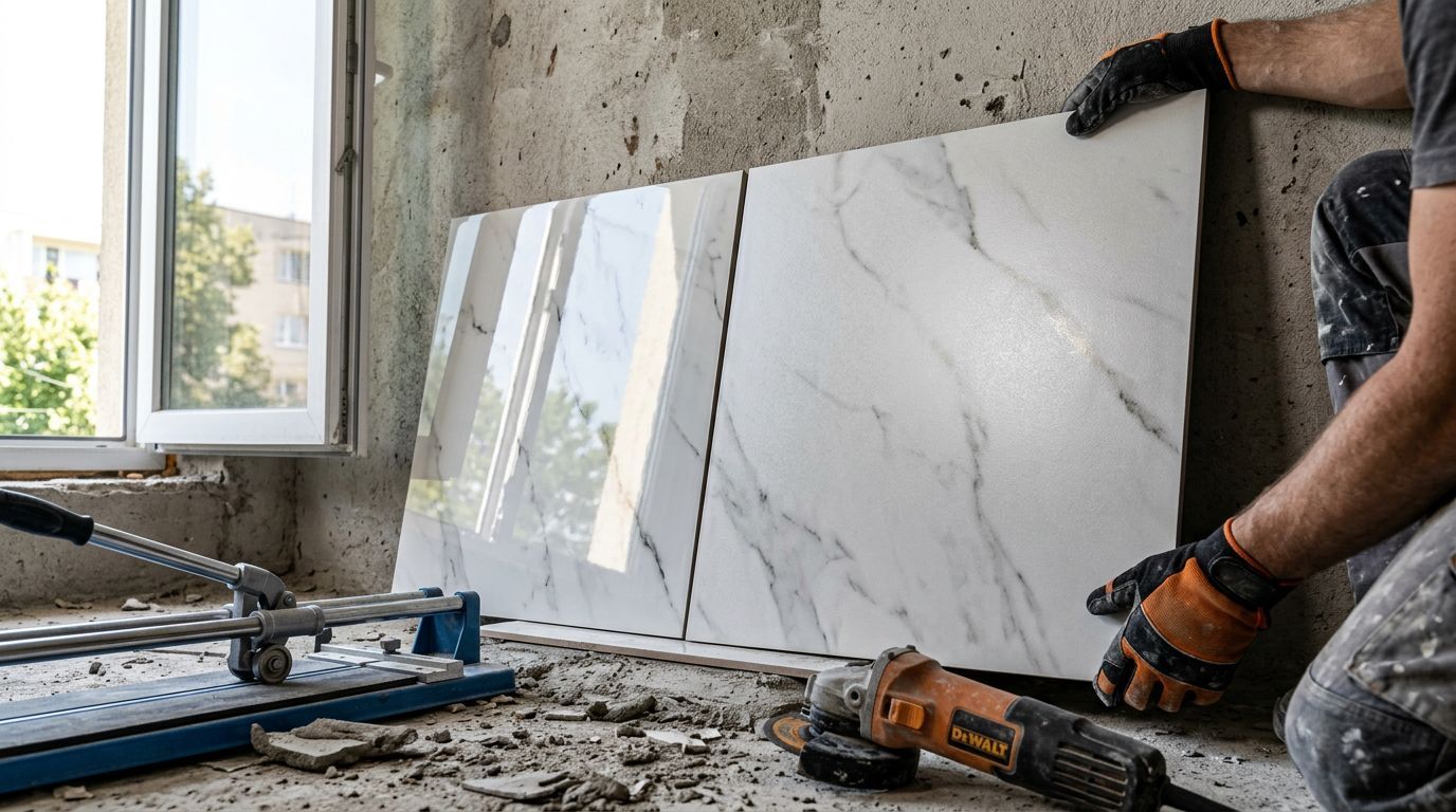 Trabalhador apoiando placas de porcelanato marmorizado branco ao lado de cortador manual de piso