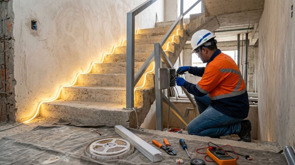 Eletricista instala iluminação em escada em obra