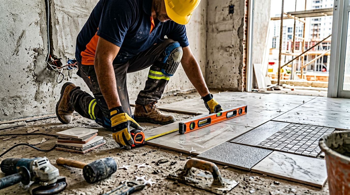 Profissional de obra conferindo o nivelamento de uma peça de porcelanato durante a instalação do piso