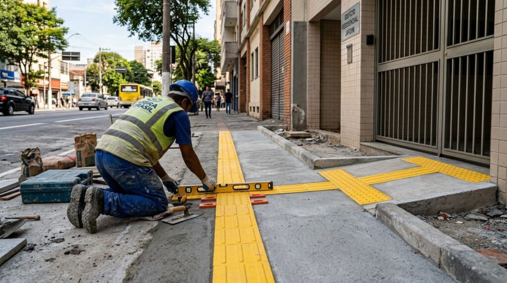 Funcionário instalando piso tátil em calçada
