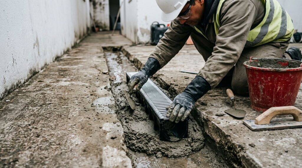Trabalhador instalando ralo em cimento fresco