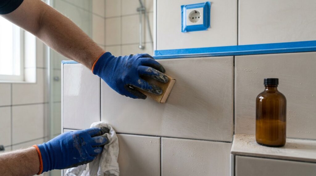 Profissional limpando azulejos em banheiro
