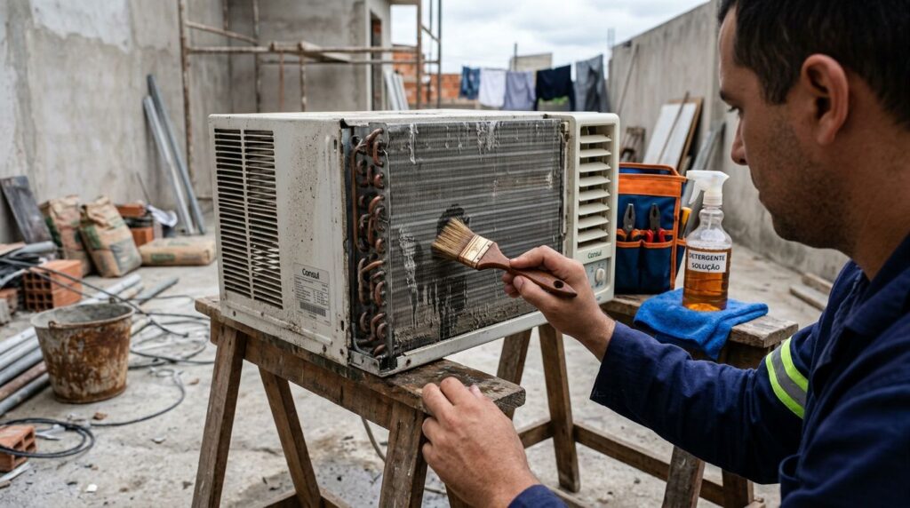 técnico limpando ar-condicionado externo