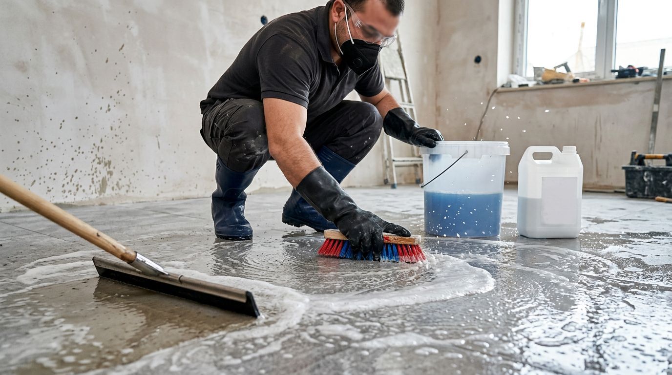Homem limpando o chão com produtos de limpeza.