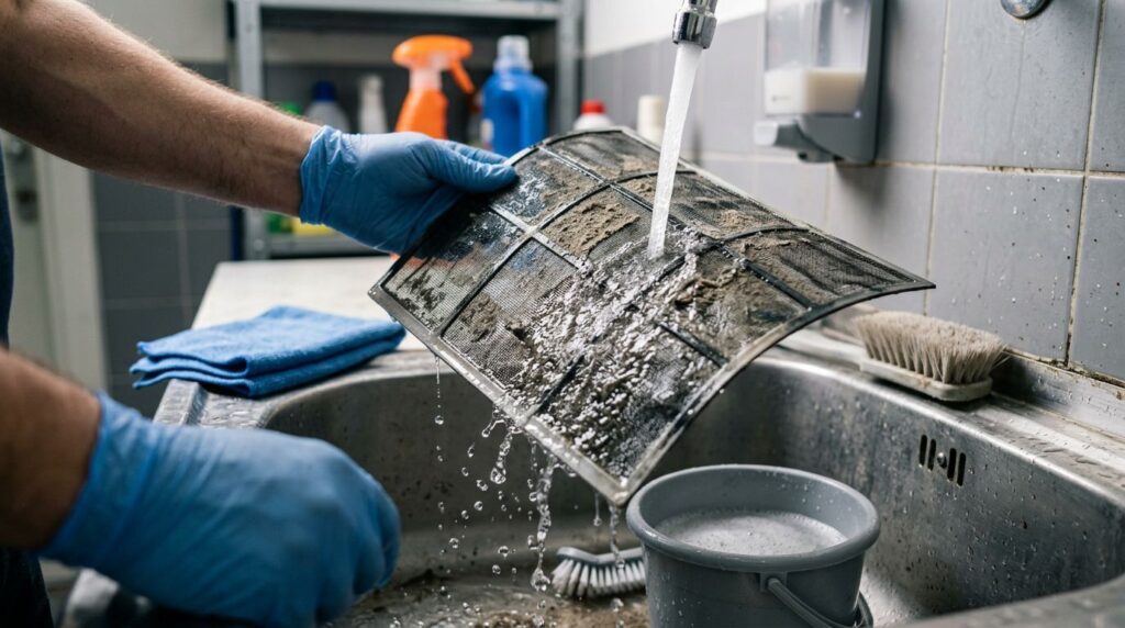 Limpeza de filtro sob água corrente na pia da cozinha.